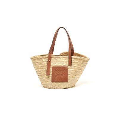 LOEWE BROWN NATURAL PALM LEAF AND LEATHER MEDIUM BASKET TOTE (44*26*13.5cm) 